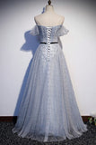 Off the Shoulder Grey Pearls Long Prom HZ0307