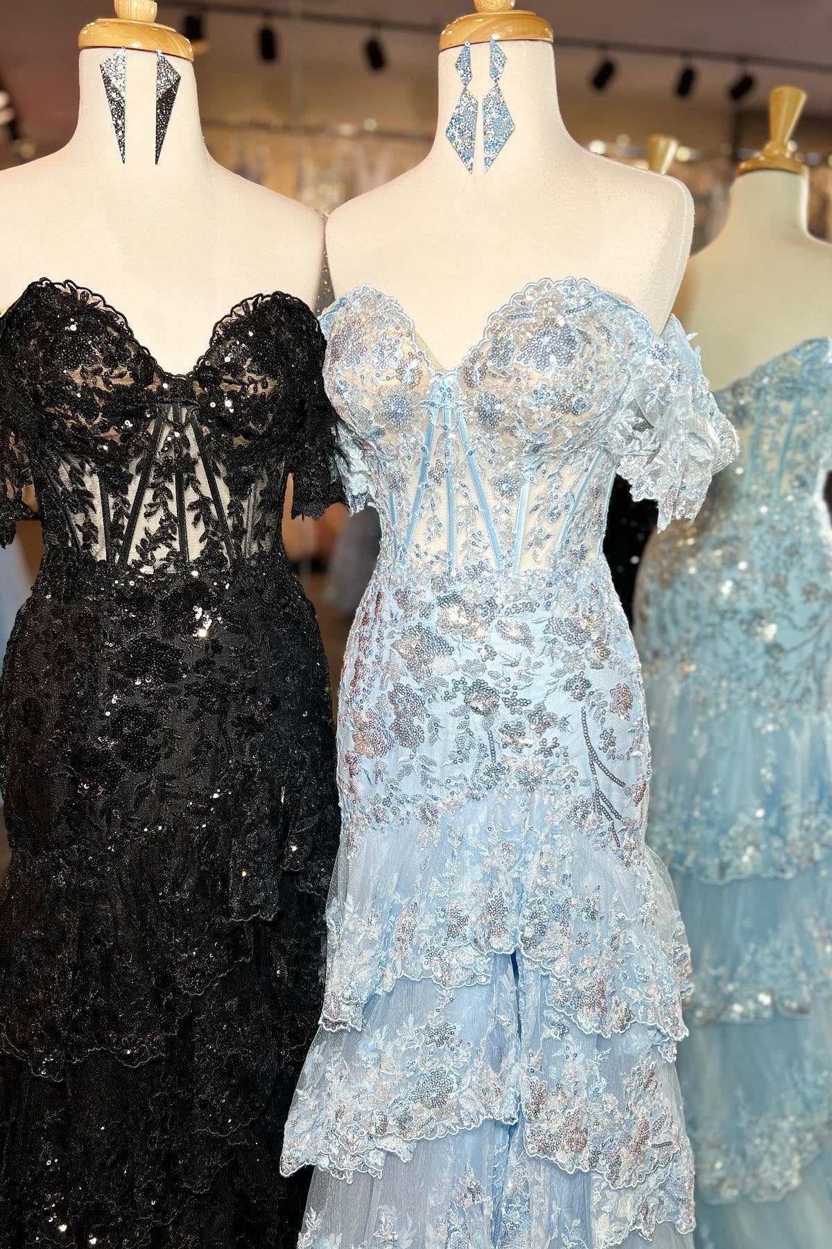 Off the Shoulder Light Blue Appliques Tiered Ruffle Long Prom HZ0307