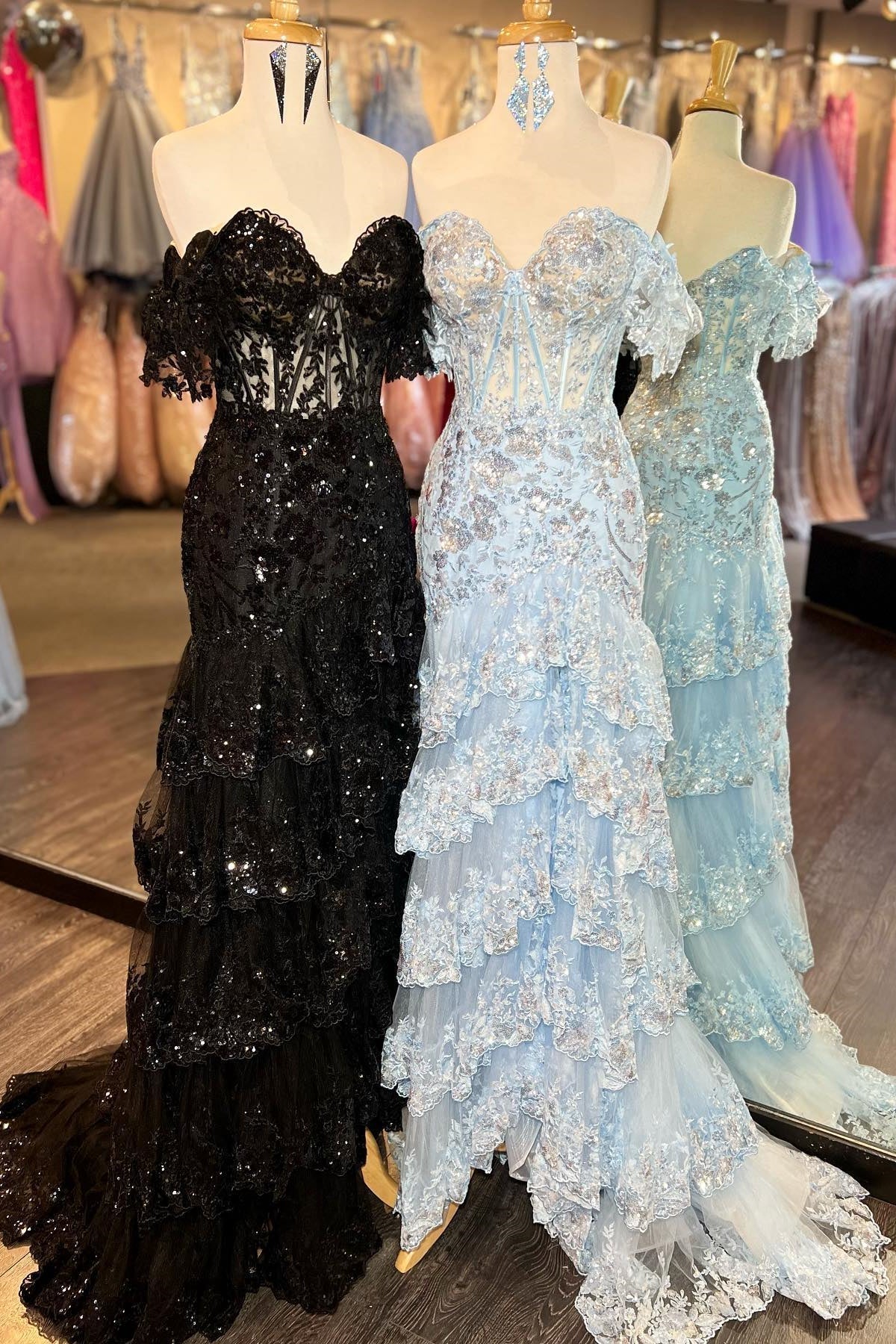 Off the Shoulder Light Blue Appliques Tiered Ruffle Long Prom HZ0307