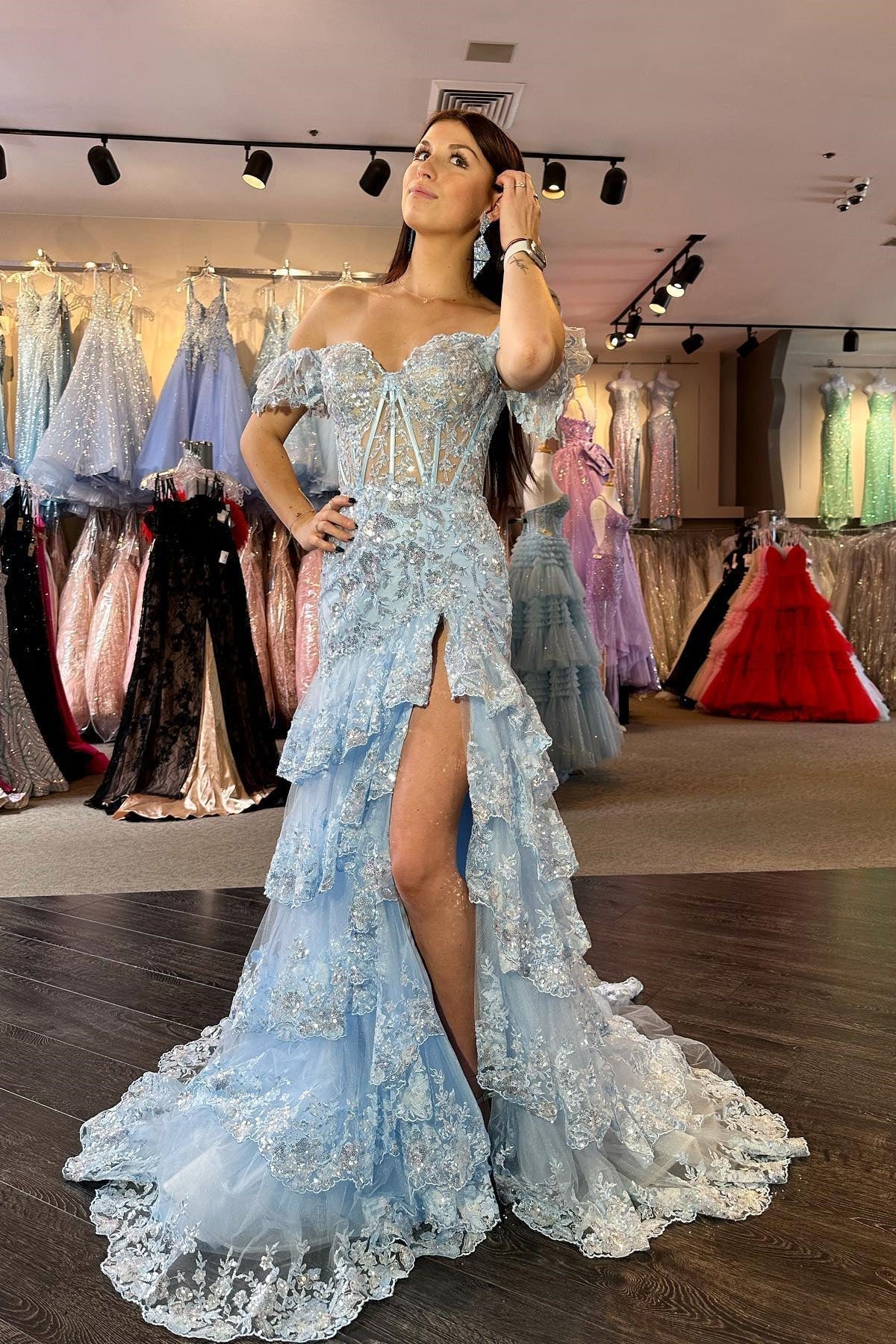 Off the Shoulder Light Blue Appliques Tiered Ruffle Long Prom HZ0307