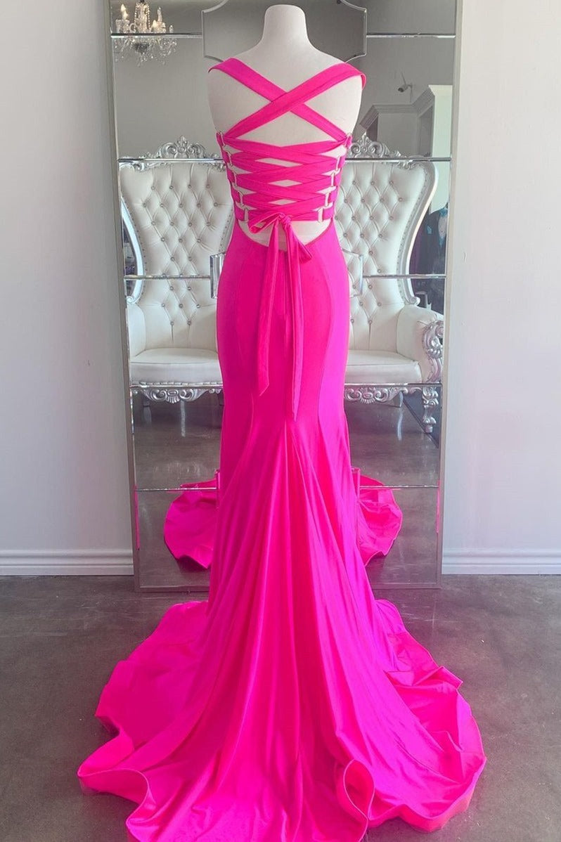 Off the Shoulder Neon Pink Mermaid Long Formal HZ0307