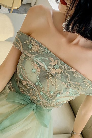 Off the Shoulder Sage Green Tulle Formal HZ0307