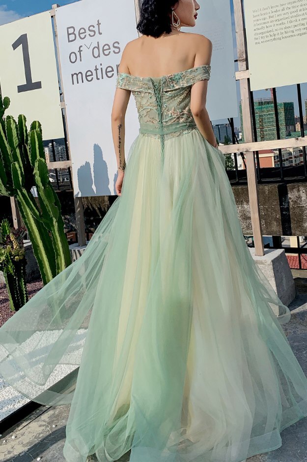 Off the Shoulder Sage Green Tulle Formal HZ0307