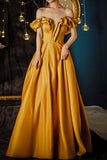 Off the Shoulder Yellow A-line Long Formal HZ0307