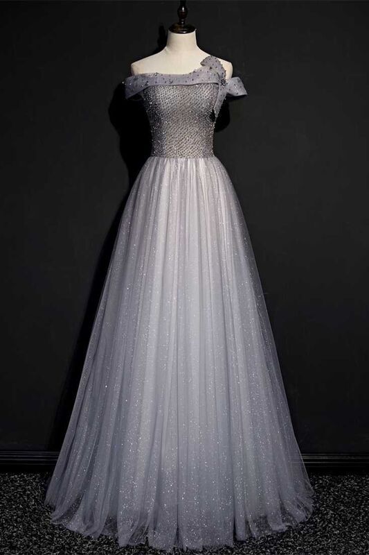 Off the Shuolder Grey Beaded Long Party HZ0307