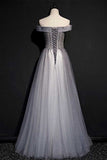 Off the Shuolder Grey Beaded Long Party HZ0307