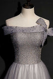 Off the Shuolder Grey Beaded Long Party HZ0307