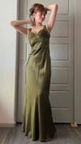 Olive Green Sheath Beaded Prom Dresses Silky Full Length Evening Party HZ0307