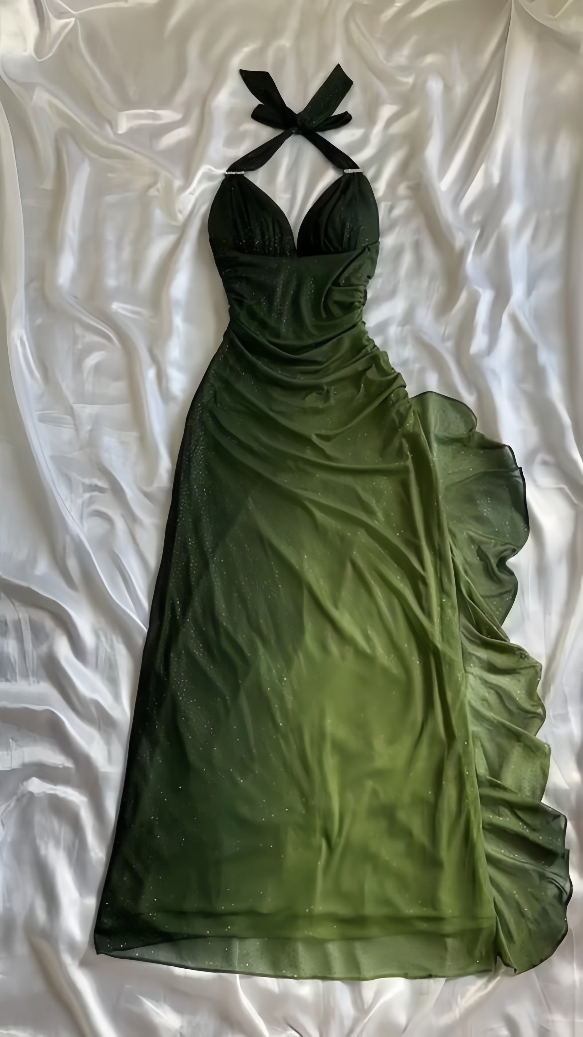 Olive Green Chiffon Prom Dress, Halter Ruffle Party Dress, HZ0307