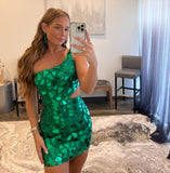 One Shoulder Green Mirror Homecoming Dress Mini Glass Party Dress, HZ0307