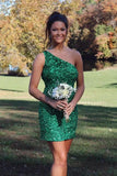 One Shoulder Green Sequined Homecoming Dresses, HZ0307