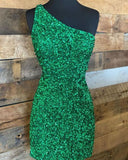One Shoulder Green Sequined Homecoming Dresses, HZ0307