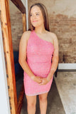 One Shoulder Pink Bodycon Homecoming Dresses Tight Sequin Mini Graduation Dress, HZ0307