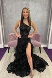 One Shoulder Ruffle Skirt Lace Prom HZ0307