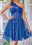One Shoulder A-Line Homecoming Dress, Mini Prom Evening Gown, HZ0307