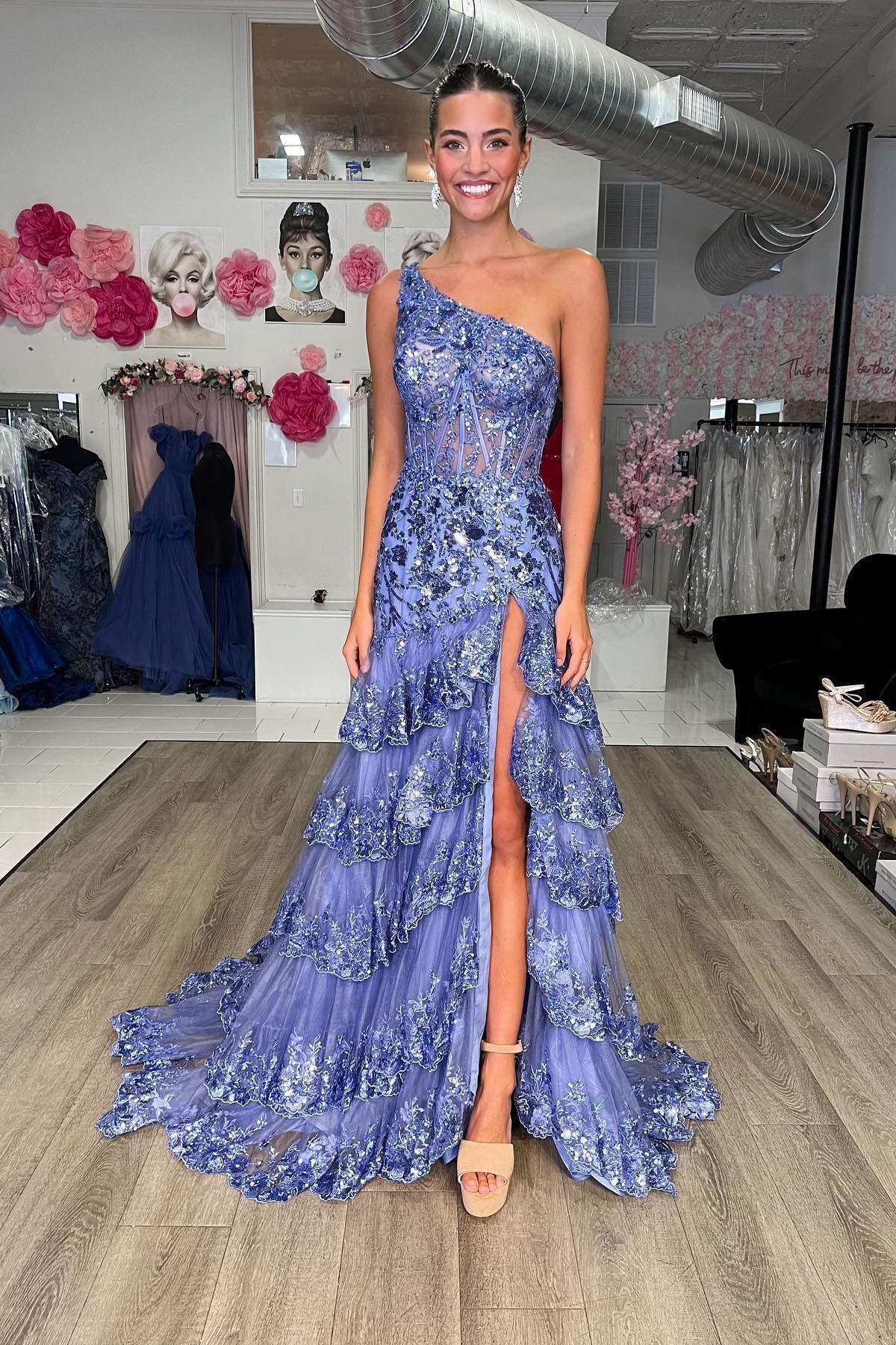 One Shoulder Blush Pink Tiered Ruffle Long Formal HZ0307