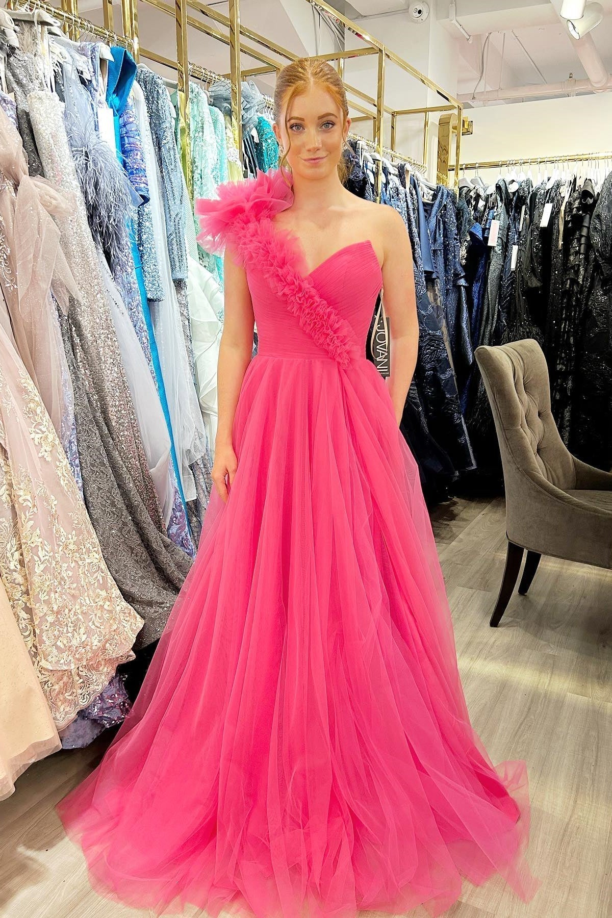 One Shoulder Hot Pink Pleated Long Formal HZ0307