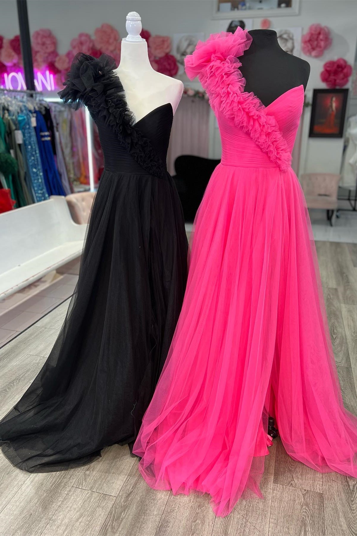 One Shoulder Hot Pink Pleated Long Formal HZ0307