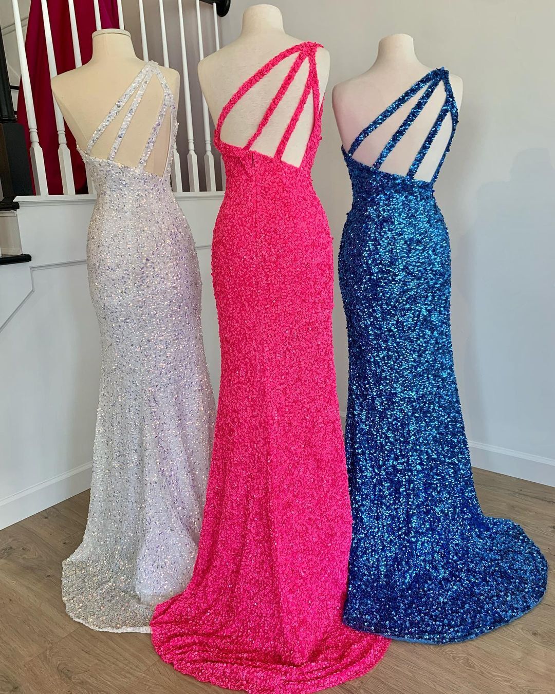 One Shoulder Hot Pink Sequins Mermaid Long Prom HZ0307