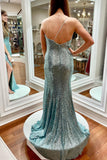 One Shoulder Light Blue Sequin Mermaid Long Formal HZ0307