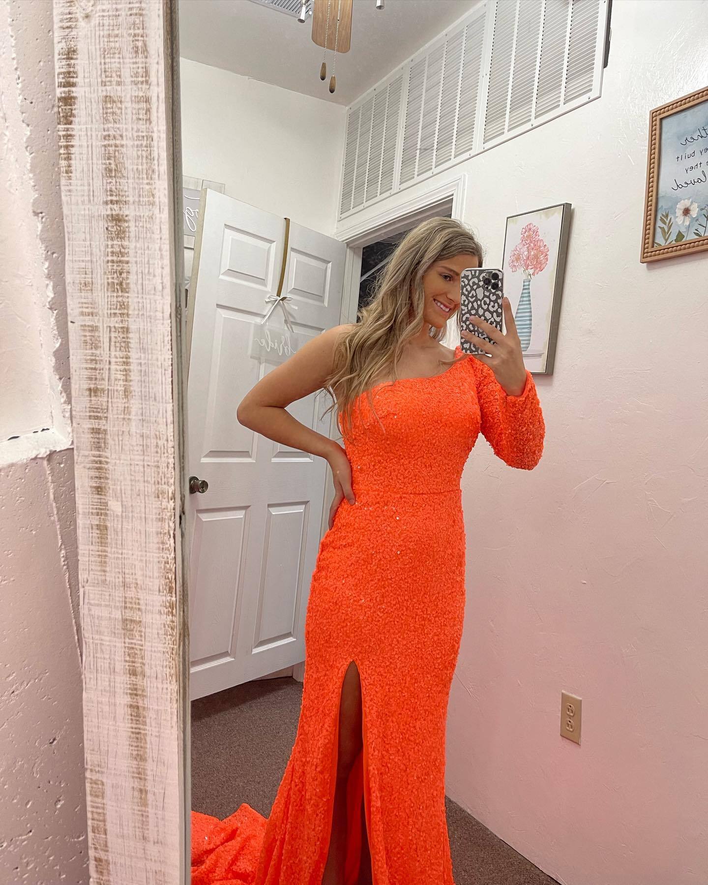 One Shoulder Light Blue Sequin Mermaid Long Prom Dress with HZ0307