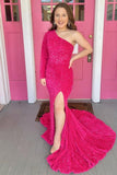 One Shoulder Long Sleeve Hot Pink Sequin Mermaid Long Formal HZ0307