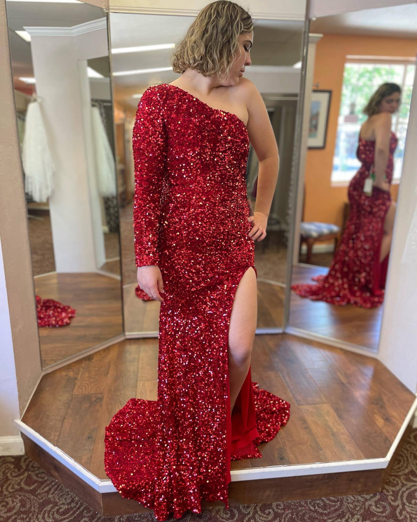 One Shoulder Long Sleeve Hot Pink Sequin Mermaid Long Formal HZ0307