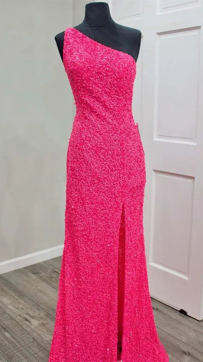 One Shoulder Mermaid Sequin Prom Dress With Side Slit, HZ0307