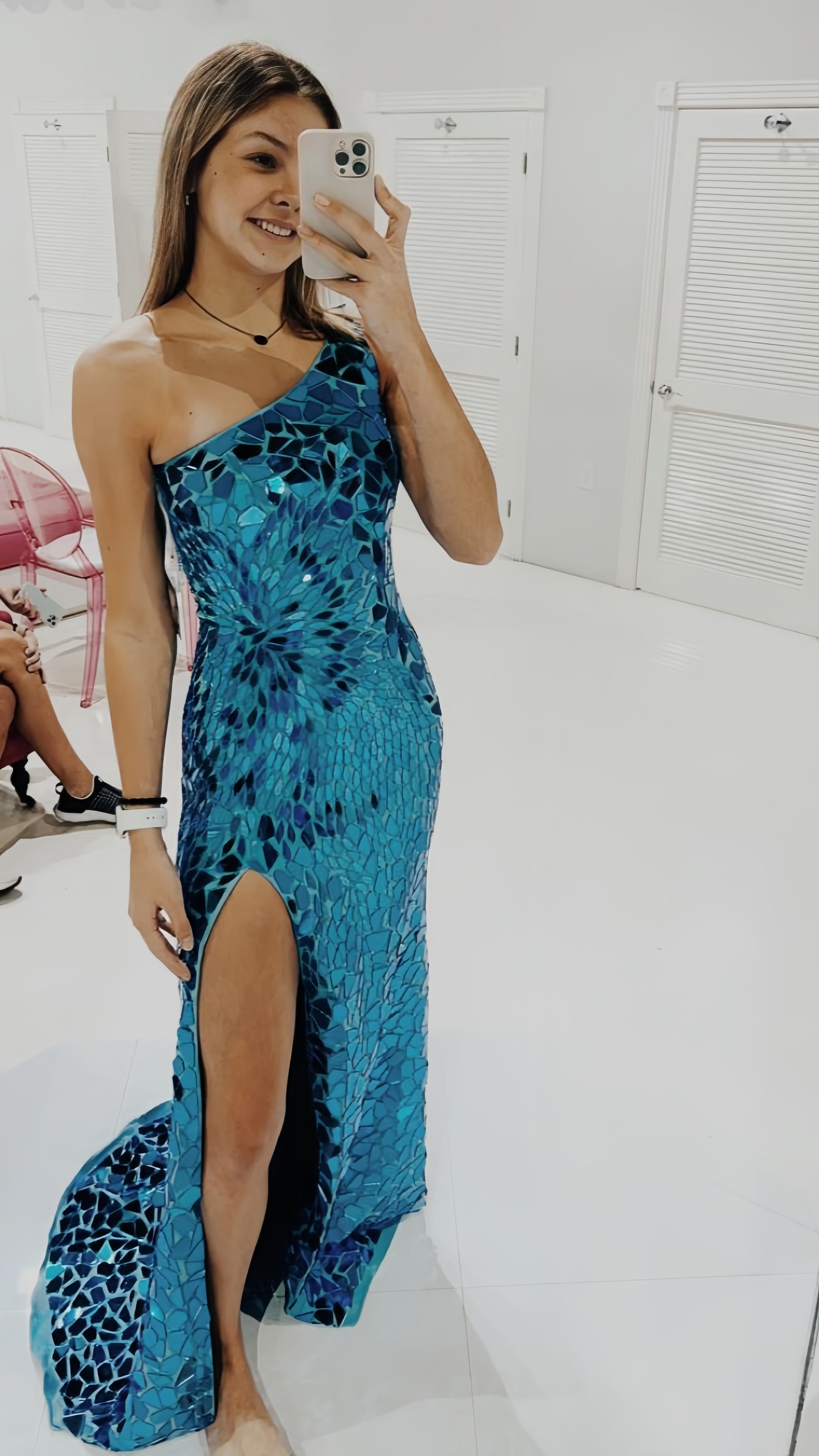 One Shoulder Mirror Glass Party Dress, Mermaid Sleeveless Prom HZ0307