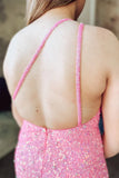 One Shoulder Pink Bodycon Homecoming Dresses Tight Sequin Mini Graduation Dress, HZ0307
