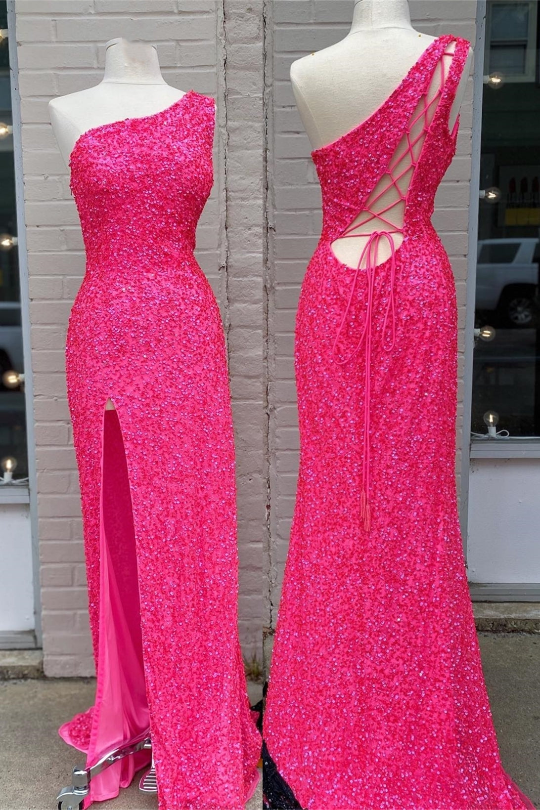 One Shoulder Sequin Mermaid Long Formal Dress with Lace Up HZ0307