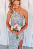 One Shoulder Silver Sequin Mermaid Long Formal Dress with HZ0307