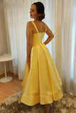 Yellow A-Line Satin Homecoming Dresses Tea Length Celebrating Dress with Beaded HZ0307