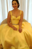 Yellow A-Line Satin Homecoming Dresses Tea Length Celebrating Dress with Beaded HZ0307