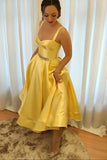 Yellow A-Line Satin Homecoming Dresses Tea Length Celebrating Dress with Beaded HZ0307