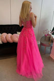 LTP1721,Open Back Hot Pink Tulle Lace Long Prom Dresses, Hot Pink Lace Formal Graduation Evening HZ0307