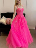 LTP1721,Open Back Hot Pink Tulle Lace Long Prom Dresses, Hot Pink Lace Formal Graduation Evening HZ0307