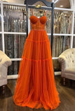 Orange A-line Tulle Prom Dresses Long Evening Party Dress Sweetheart Full Length Event HZ0307