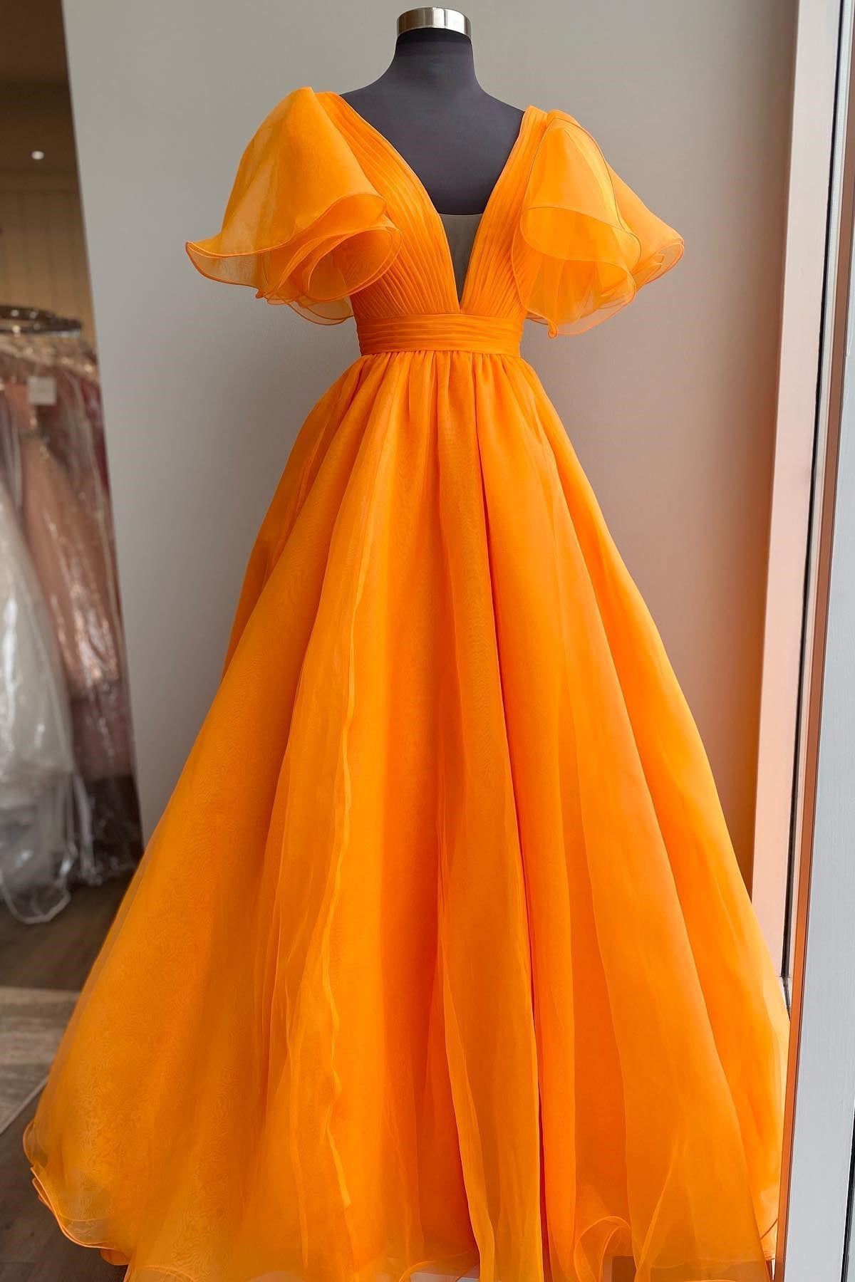 Orange A-line Long Formal Dress with Flutter HZ0307