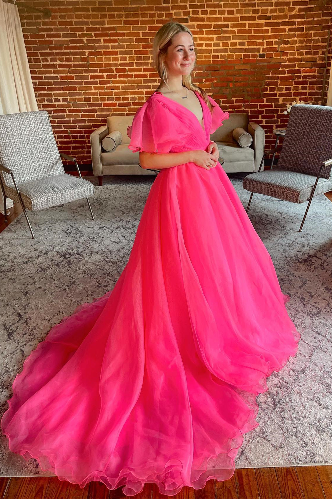 Orange A-line Long Formal Dress with Flutter HZ0307