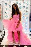 Hot Pink High Low Spaghetti Straps Lace Prom HZ0307