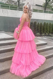 Hot Pink High Low Spaghetti Straps Lace Prom HZ0307