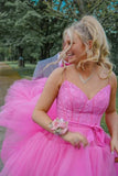 Hot Pink High Low Spaghetti Straps Lace Prom HZ0307