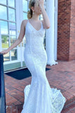 Spaghetti Straps White Lace Mermaid Prom HZ0307