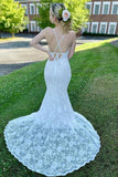 Spaghetti Straps White Lace Mermaid Prom HZ0307