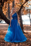 LTP1310,A-line One Shoulder Blue Appliques Tulle Prom HZ0307