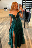 LTP1261,Luxury Green Prom Dresses, Sparkle A-Line Evening Dresses, Off The Shoulder Prom HZ0307
