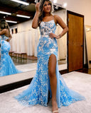 Sky Blue Mermaid White Appliques Long Evening HZ0307