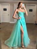 Spaghetti Straps A-line Prom Dresses Tulle Appliqued HZ0307
