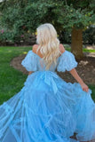 Sky Blue Puffy Sleeves Tulle Ruffles Long Prom HZ0307